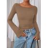 imagePRETTYGARDEN Womens Long Sleeve Shirts 2025 Fall Crop Going Out Tops Casual Boat Neck Bell Sleeve Ribbed Ruched Y2K ClothesLight Brown