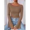 imagePRETTYGARDEN Womens Long Sleeve Shirts 2025 Fall Crop Going Out Tops Casual Boat Neck Bell Sleeve Ribbed Ruched Y2K ClothesLight Brown