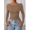 imagePRETTYGARDEN Womens Long Sleeve Shirts 2025 Fall Crop Going Out Tops Casual Boat Neck Bell Sleeve Ribbed Ruched Y2K ClothesLight Brown