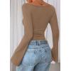 imagePRETTYGARDEN Womens Long Sleeve Shirts 2025 Fall Crop Going Out Tops Casual Boat Neck Bell Sleeve Ribbed Ruched Y2K ClothesLight Brown