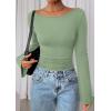 imagePRETTYGARDEN Womens Long Sleeve Shirts 2025 Fall Crop Going Out Tops Casual Boat Neck Bell Sleeve Ribbed Ruched Y2K ClothesLight Green