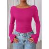 imagePRETTYGARDEN Womens Long Sleeve Shirts 2025 Fall Crop Going Out Tops Casual Boat Neck Bell Sleeve Ribbed Ruched Y2K ClothesRose Red