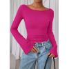 imagePRETTYGARDEN Womens Long Sleeve Shirts 2025 Fall Crop Going Out Tops Casual Boat Neck Bell Sleeve Ribbed Ruched Y2K ClothesRose Red