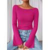 imagePRETTYGARDEN Womens Long Sleeve Shirts 2025 Fall Crop Going Out Tops Casual Boat Neck Bell Sleeve Ribbed Ruched Y2K ClothesRose Red