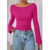 imagePRETTYGARDEN Womens Long Sleeve Shirts 2025 Fall Crop Going Out Tops Casual Boat Neck Bell Sleeve Ribbed Ruched Y2K ClothesRose Red