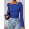 imagePRETTYGARDEN Womens Long Sleeve Shirts 2025 Fall Crop Going Out Tops Casual Boat Neck Bell Sleeve Ribbed Ruched Y2K ClothesRoyal Blue