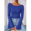 imagePRETTYGARDEN Womens Long Sleeve Shirts 2025 Fall Crop Going Out Tops Casual Boat Neck Bell Sleeve Ribbed Ruched Y2K ClothesRoyal Blue