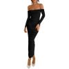 imagePRETTYGARDEN Womens 2025 Fall Long Sleeve Maxi Dress Off Shoulder Mesh Ruched Bodycon Trendy Long Wedding Guest DressesBlack