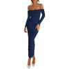 imagePRETTYGARDEN Womens 2025 Fall Long Sleeve Maxi Dress Off Shoulder Mesh Ruched Bodycon Trendy Long Wedding Guest DressesNavy Blue