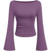 imagePRETTYGARDEN Womens Long Sleeve Shirts 2025 Fall Crop Going Out Tops Casual Boat Neck Bell Sleeve Ribbed Ruched Y2K ClothesPurple