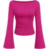 imagePRETTYGARDEN Womens Long Sleeve Shirts 2025 Fall Crop Going Out Tops Casual Boat Neck Bell Sleeve Ribbed Ruched Y2K ClothesRose Red