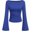 imagePRETTYGARDEN Womens Long Sleeve Shirts 2025 Fall Crop Going Out Tops Casual Boat Neck Bell Sleeve Ribbed Ruched Y2K ClothesRoyal Blue