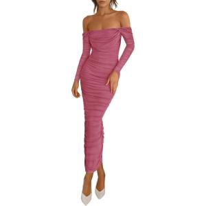 imagePRETTYGARDEN Womens 2025 Fall Long Sleeve Maxi Dress Off Shoulder Mesh Ruched Bodycon Trendy Long Wedding Guest DressesDark Pink