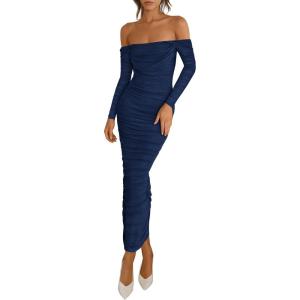 imagePRETTYGARDEN Womens 2025 Fall Long Sleeve Maxi Dress Off Shoulder Mesh Ruched Bodycon Trendy Long Wedding Guest DressesNavy Blue