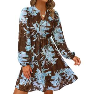 imagePRETTYGARDEN Womens Fall Boho Dresses 2025 Floral Long Sleeve V Neck Mini Flowy Wedding Guest Dress Trendy Vacation OutfitsFloral Brown Blue