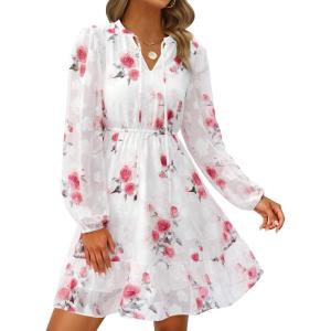 imagePRETTYGARDEN Womens Fall Boho Dresses 2025 Floral Long Sleeve V Neck Mini Flowy Wedding Guest Dress Trendy Vacation OutfitsFloral White Red