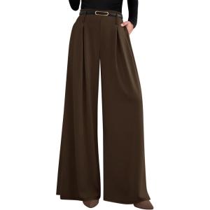 imagePRETTYGARDEN Womens Fall Wide Leg Trousers 2025 High Elastic Waist Loose Pleated Long Flowy Palazzo Work Pants with PocketsBrown