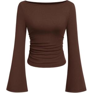 imagePRETTYGARDEN Womens Long Sleeve Shirts 2025 Fall Crop Going Out Tops Casual Boat Neck Bell Sleeve Ribbed Ruched Y2K ClothesBrown