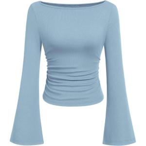 imagePRETTYGARDEN Womens Long Sleeve Shirts 2025 Fall Crop Going Out Tops Casual Boat Neck Bell Sleeve Ribbed Ruched Y2K ClothesLight Blue