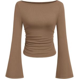 imagePRETTYGARDEN Womens Long Sleeve Shirts 2025 Fall Crop Going Out Tops Casual Boat Neck Bell Sleeve Ribbed Ruched Y2K ClothesLight Brown