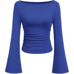 imagePRETTYGARDEN Womens Long Sleeve Shirts 2025 Fall Crop Going Out Tops Casual Boat Neck Bell Sleeve Ribbed Ruched Y2K ClothesRoyal Blue