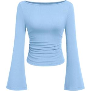 imagePRETTYGARDEN Womens Long Sleeve Shirts 2025 Fall Crop Going Out Tops Casual Boat Neck Bell Sleeve Ribbed Ruched Y2K ClothesSky Blue