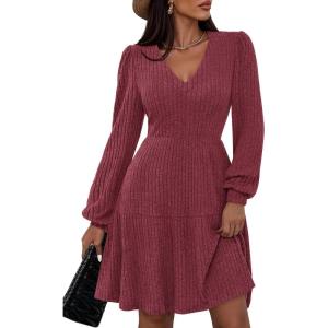 imagePRETTYGARDEN Womens Sweater Dress 2025 Fall Long Sleeve V Neck A Line Fit and Flare Ribbed Short Dresses Knit Outfits PocketsWine Red