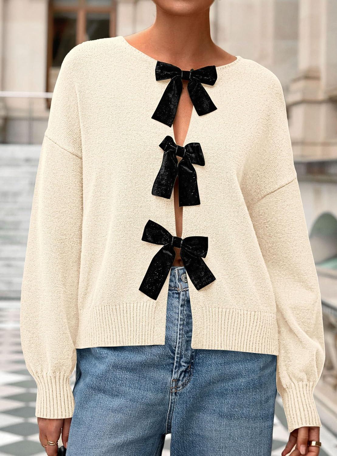 imagePRETTYGARDEN Cardigan Sweaters for Women Fall Fashion 2025 Bow Tie Front Long Sleeve Knit Sweater Tops Cute Winter ClothesBeige