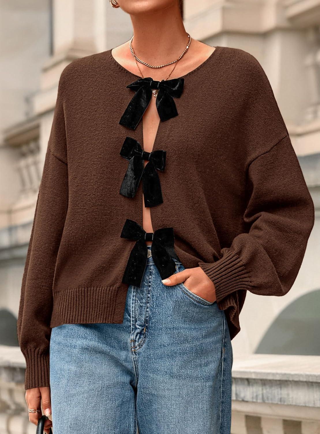 imagePRETTYGARDEN Cardigan Sweaters for Women Fall Fashion 2025 Bow Tie Front Long Sleeve Knit Sweater Tops Cute Winter ClothesBrown
