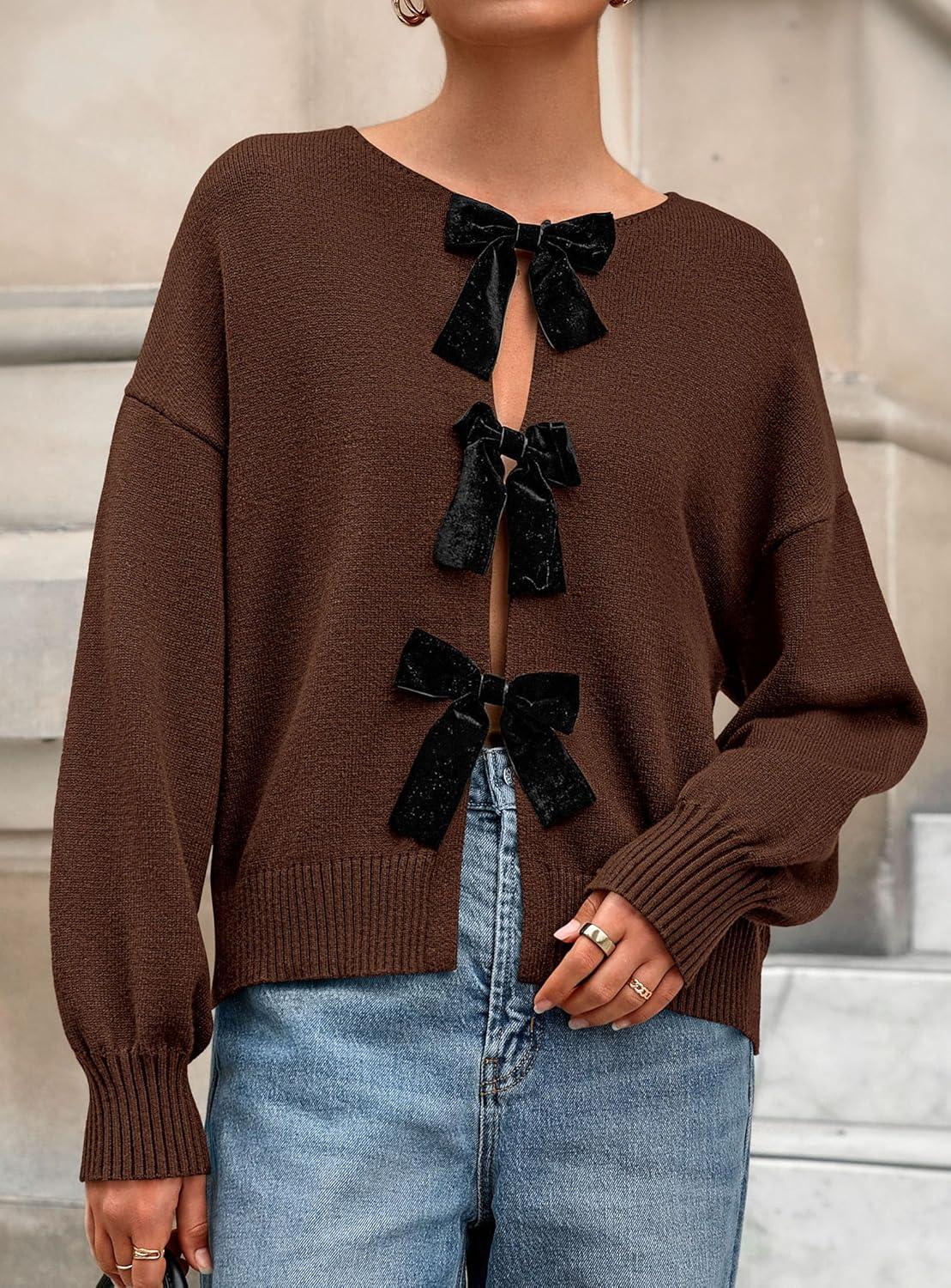 imagePRETTYGARDEN Cardigan Sweaters for Women Fall Fashion 2025 Bow Tie Front Long Sleeve Knit Sweater Tops Cute Winter ClothesBrown