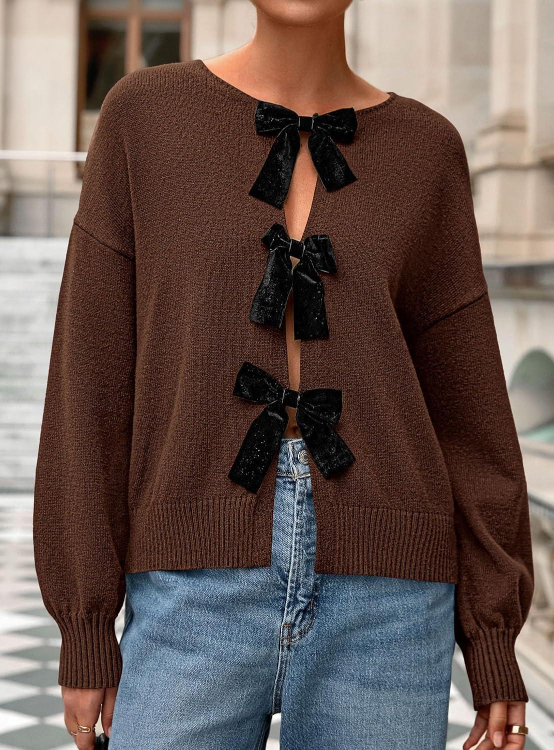 imagePRETTYGARDEN Cardigan Sweaters for Women Fall Fashion 2025 Bow Tie Front Long Sleeve Knit Sweater Tops Cute Winter ClothesBrown