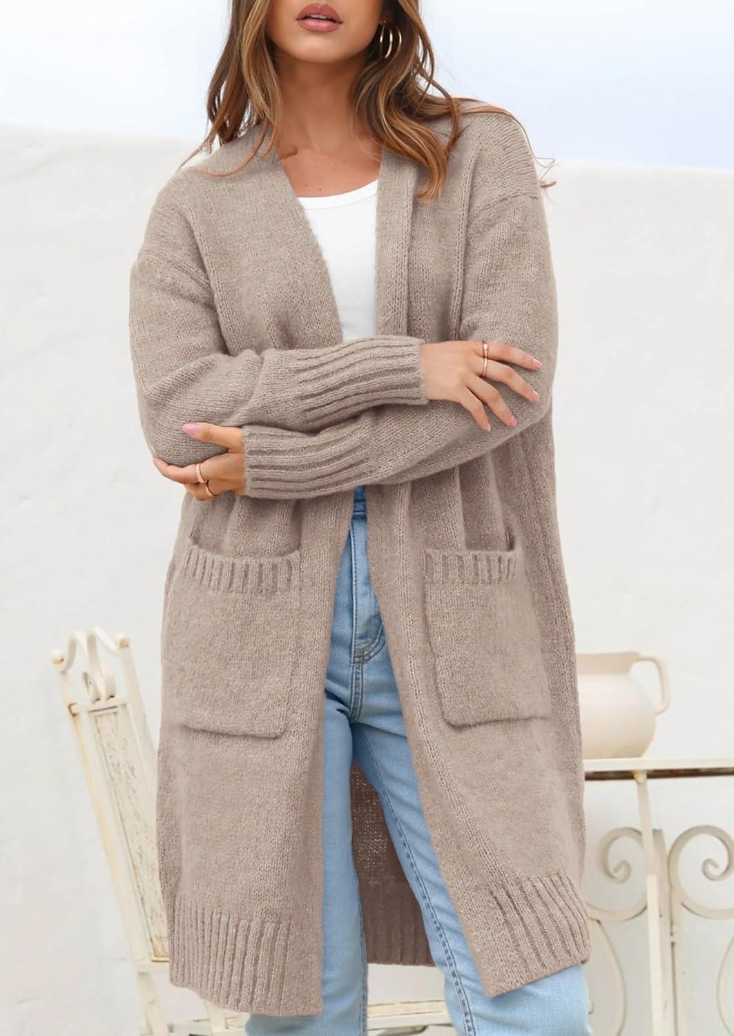 imagePRETTYGARDEN Fall Long Sleeve Cardigan Sweaters for Women 2025 Trendy Winter Open Front Loose Knitted Cardigans with PocketsBeige Grey
