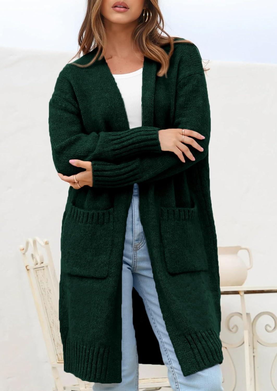 imagePRETTYGARDEN Fall Long Sleeve Cardigan Sweaters for Women 2025 Trendy Winter Open Front Loose Knitted Cardigans with PocketsDark Green