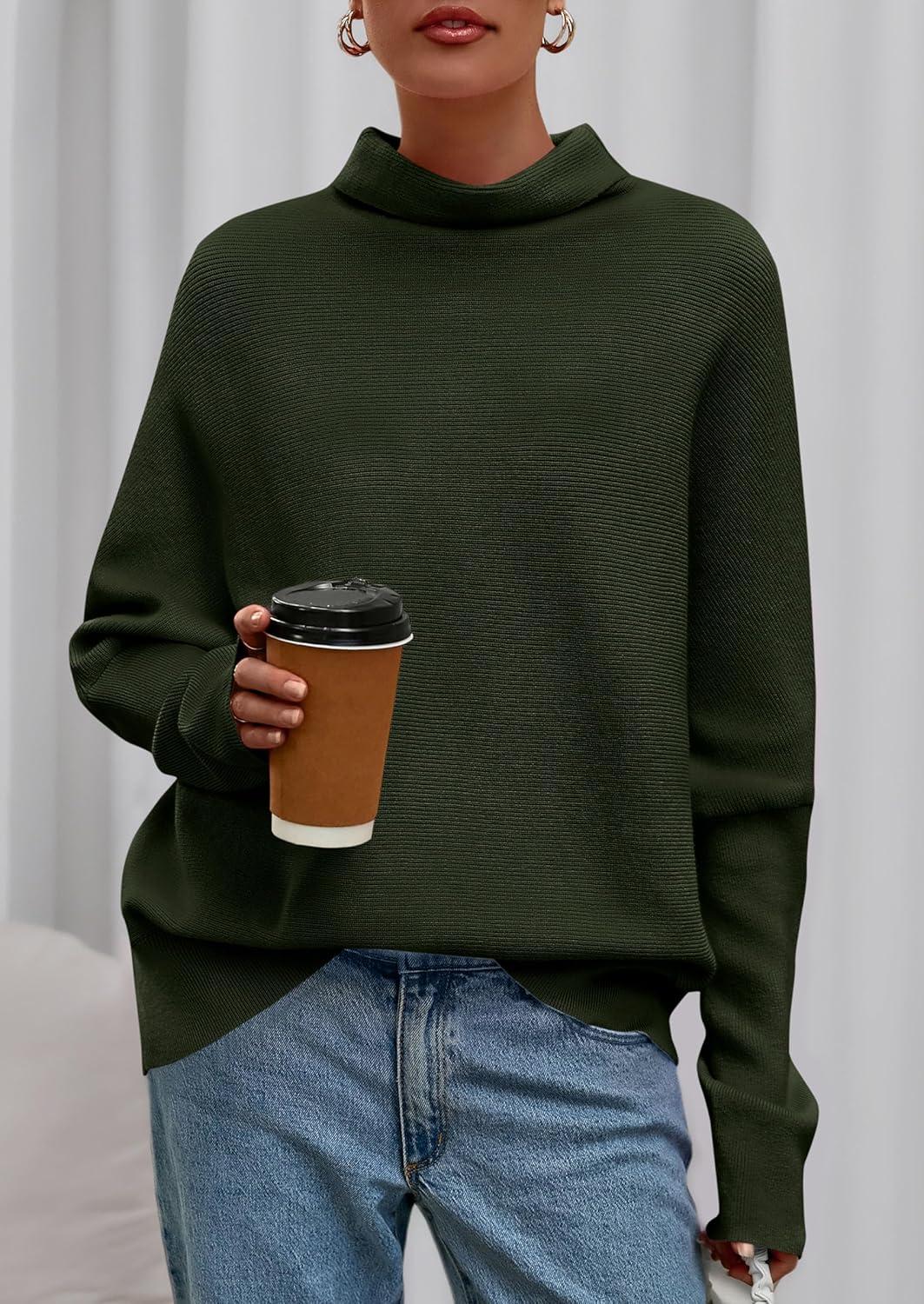 imagePRETTYGARDEN Fall Sweaters for Women 2025 Winter Clothing Batwing Long Sleeve Casual Tops Loose Knit Turtleneck SweaterArmy Green