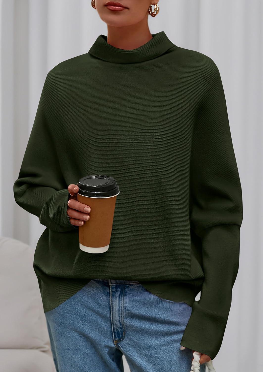 imagePRETTYGARDEN Fall Sweaters for Women 2025 Winter Clothing Batwing Long Sleeve Casual Tops Loose Knit Turtleneck SweaterArmy Green