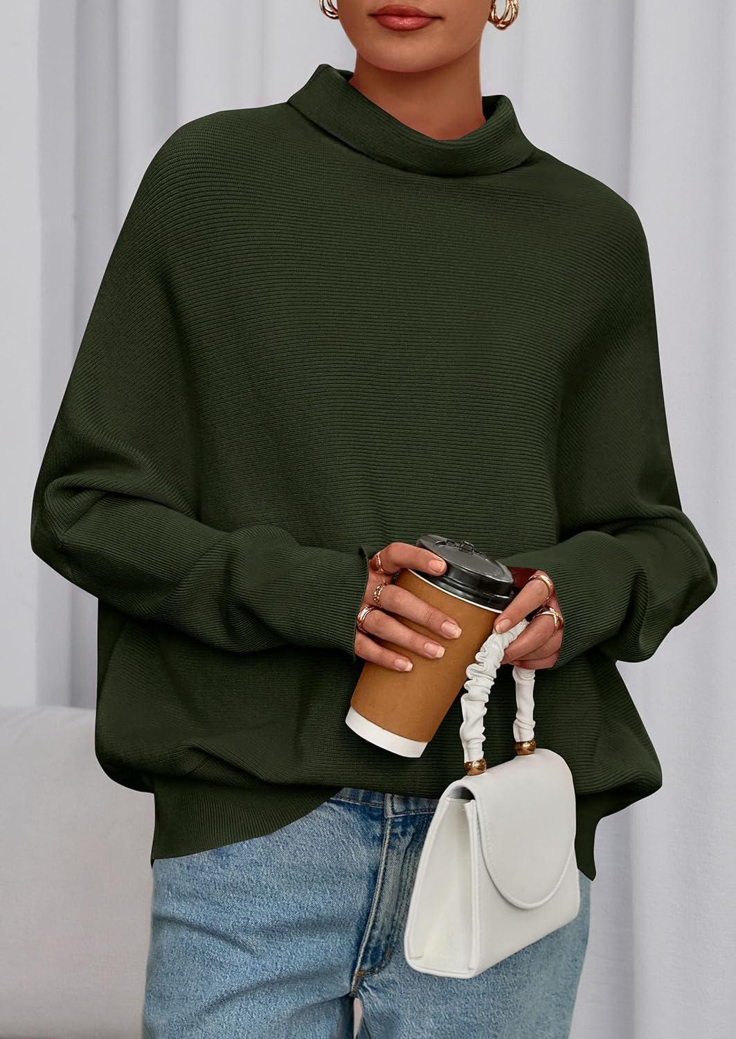 imagePRETTYGARDEN Fall Sweaters for Women 2025 Winter Clothing Batwing Long Sleeve Casual Tops Loose Knit Turtleneck SweaterArmy Green