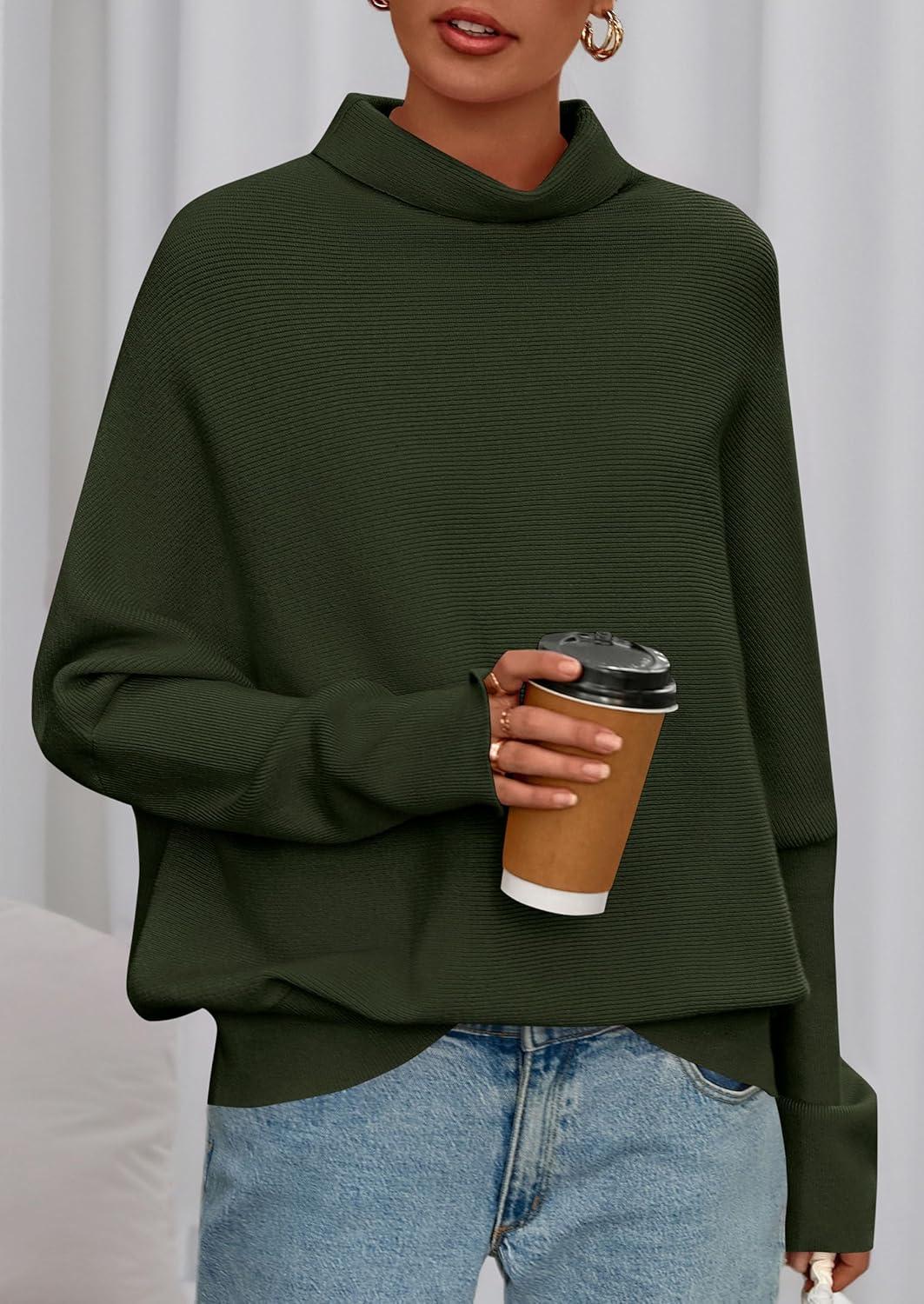 imagePRETTYGARDEN Fall Sweaters for Women 2025 Winter Clothing Batwing Long Sleeve Casual Tops Loose Knit Turtleneck SweaterArmy Green