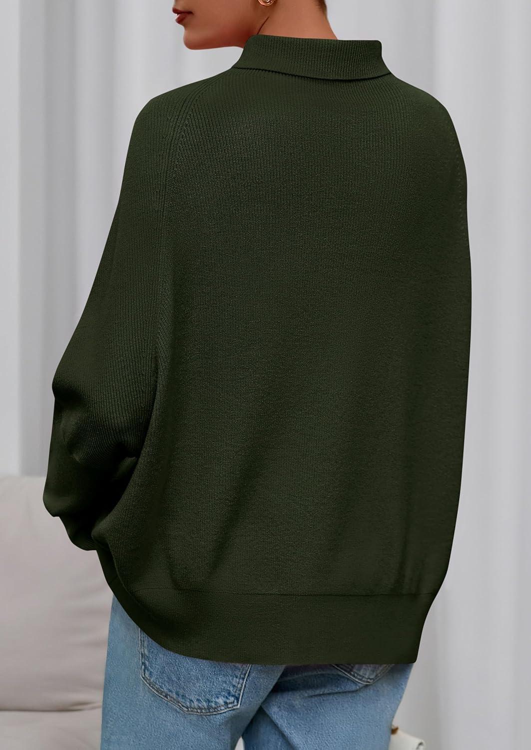 imagePRETTYGARDEN Fall Sweaters for Women 2025 Winter Clothing Batwing Long Sleeve Casual Tops Loose Knit Turtleneck SweaterArmy Green