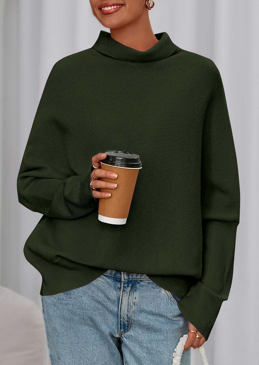 imagePRETTYGARDEN Fall Sweaters for Women 2025 Winter Clothing Batwing Long Sleeve Casual Tops Loose Knit Turtleneck SweaterArmy Green