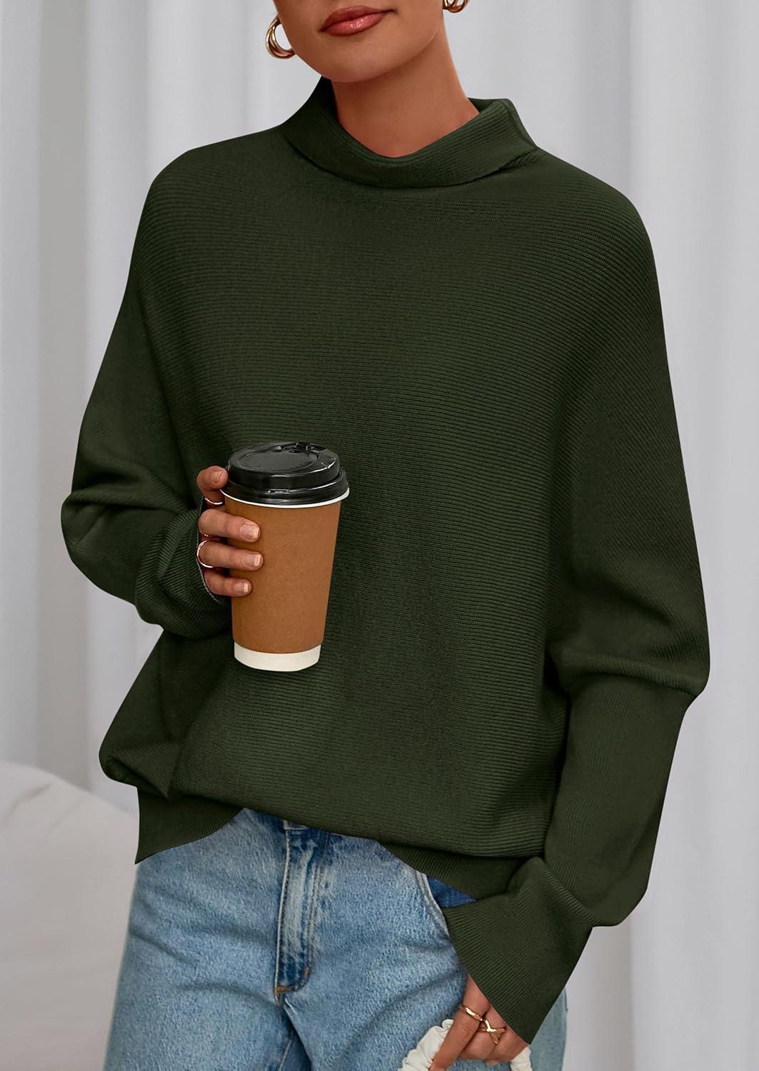 imagePRETTYGARDEN Fall Sweaters for Women 2025 Winter Clothing Batwing Long Sleeve Casual Tops Loose Knit Turtleneck SweaterArmy Green