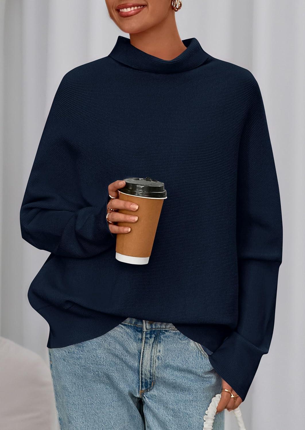 imagePRETTYGARDEN Fall Sweaters for Women 2025 Winter Clothing Batwing Long Sleeve Casual Tops Loose Knit Turtleneck SweaterNavy