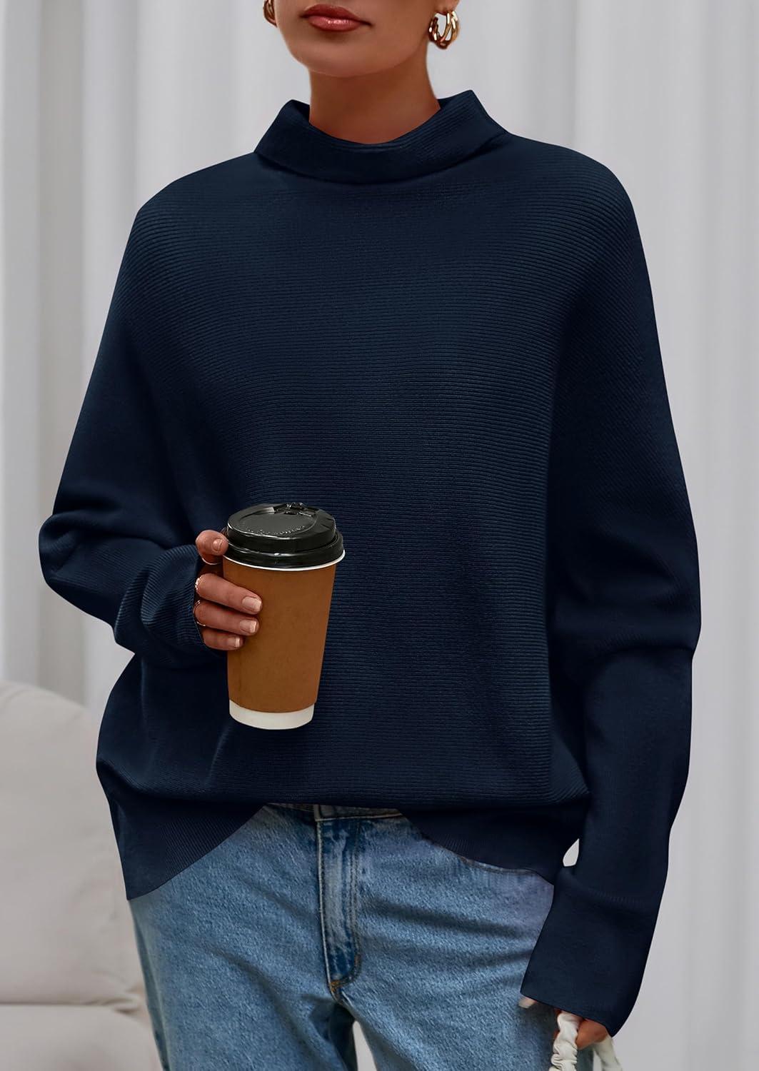 imagePRETTYGARDEN Fall Sweaters for Women 2025 Winter Clothing Batwing Long Sleeve Casual Tops Loose Knit Turtleneck SweaterNavy