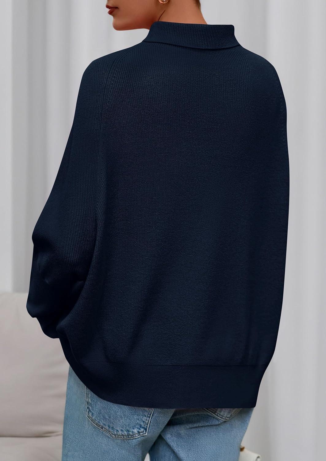 imagePRETTYGARDEN Fall Sweaters for Women 2025 Winter Clothing Batwing Long Sleeve Casual Tops Loose Knit Turtleneck SweaterNavy