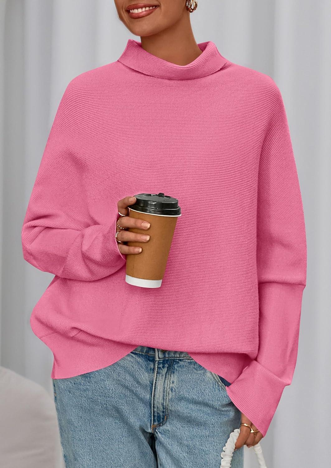 imagePRETTYGARDEN Fall Sweaters for Women 2025 Winter Clothing Batwing Long Sleeve Casual Tops Loose Knit Turtleneck SweaterPink