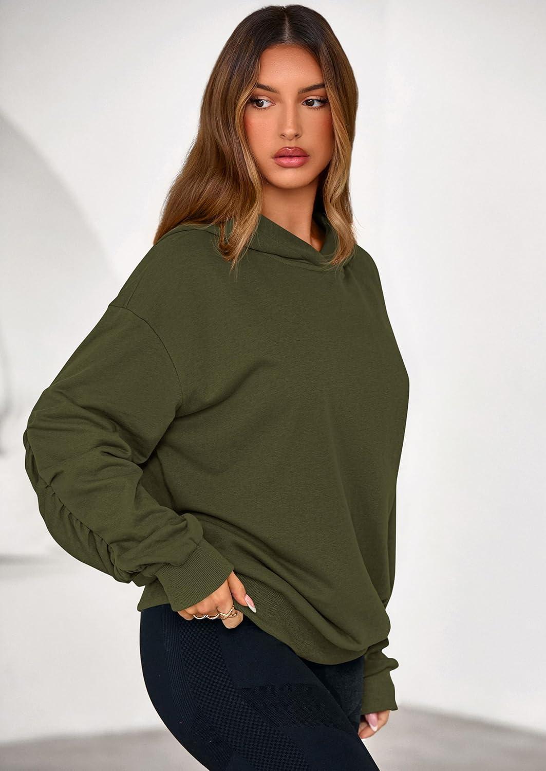 imagePRETTYGARDEN Hoodies for Women Oversized Pullover Sweatshirts 2025 Ruched Long Sleeve Casual Tops Fall Fashion Y2K ClothesArmy Green