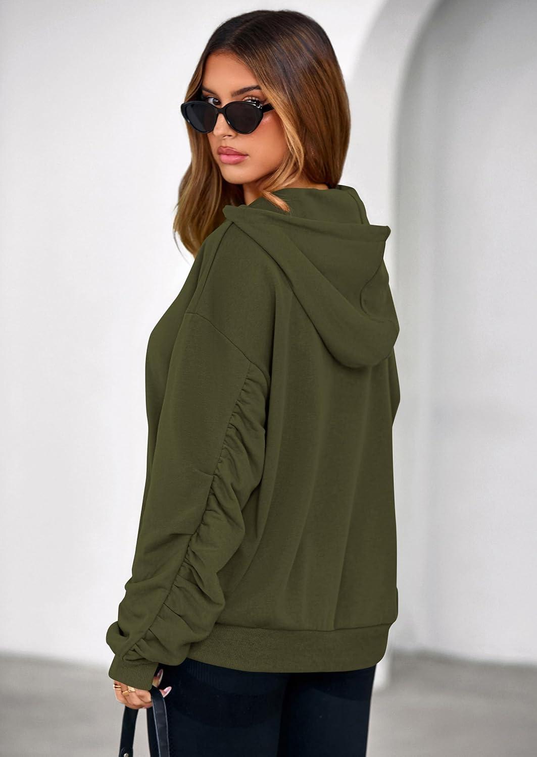 imagePRETTYGARDEN Hoodies for Women Oversized Pullover Sweatshirts 2025 Ruched Long Sleeve Casual Tops Fall Fashion Y2K ClothesArmy Green