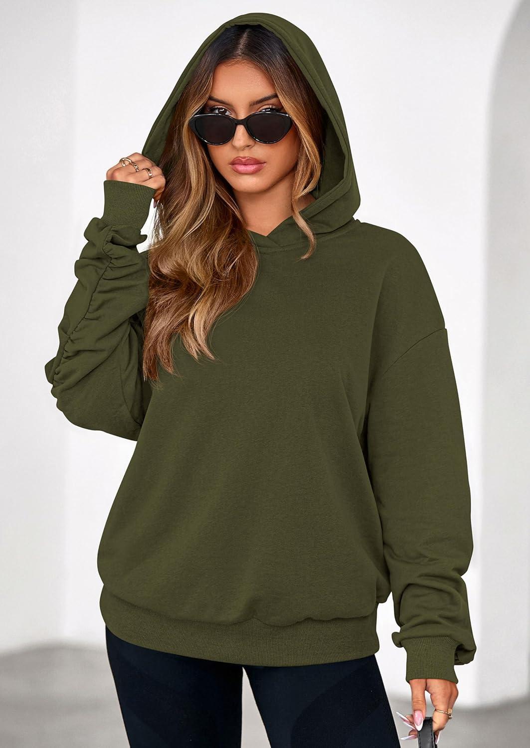 imagePRETTYGARDEN Hoodies for Women Oversized Pullover Sweatshirts 2025 Ruched Long Sleeve Casual Tops Fall Fashion Y2K ClothesArmy Green