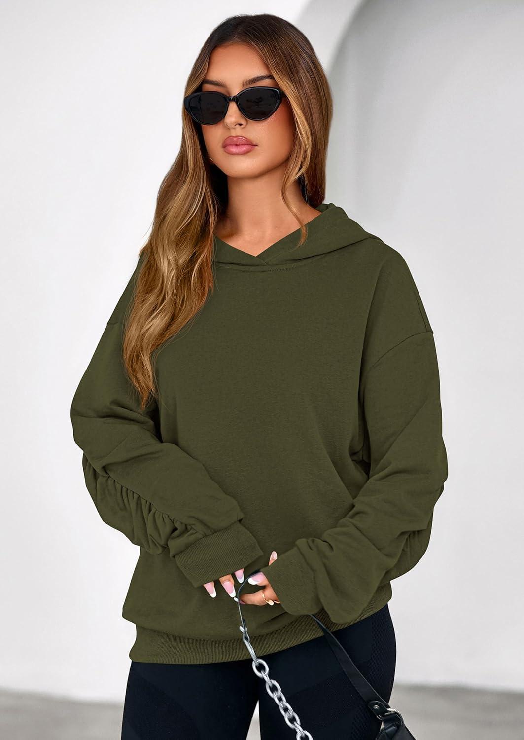 imagePRETTYGARDEN Hoodies for Women Oversized Pullover Sweatshirts 2025 Ruched Long Sleeve Casual Tops Fall Fashion Y2K ClothesArmy Green