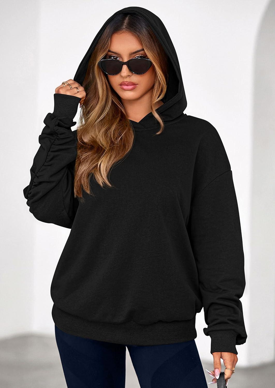 imagePRETTYGARDEN Hoodies for Women Oversized Pullover Sweatshirts 2025 Ruched Long Sleeve Casual Tops Fall Fashion Y2K ClothesBlack