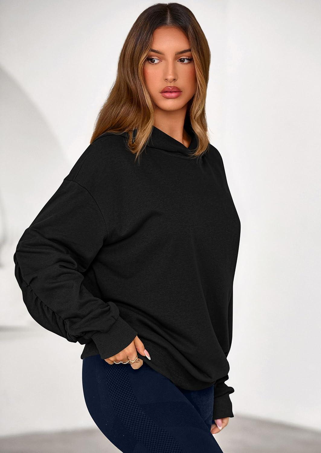 imagePRETTYGARDEN Hoodies for Women Oversized Pullover Sweatshirts 2025 Ruched Long Sleeve Casual Tops Fall Fashion Y2K ClothesBlack